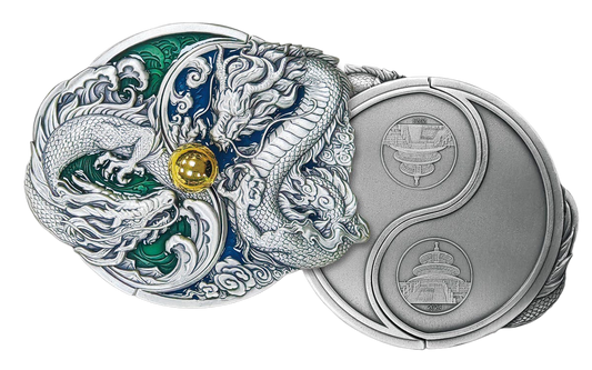 In Stock! 2024 China 2-oz Silver Split Two Dragons Antiqued Gilt Enameled Medal w/Pearl
