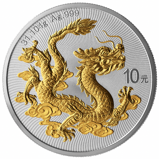 2026 China Chinese Dragon Gold Gilt 1 oz Silver Coin (07/22)