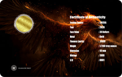 2026 Liberia Phoenix 1/200 oz Gold Coin in Card (06/15)