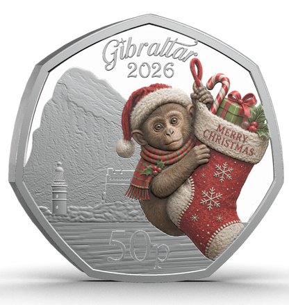 2026 Gibraltar Merry Christmas Colorized 50p 8g CN Coin in Card