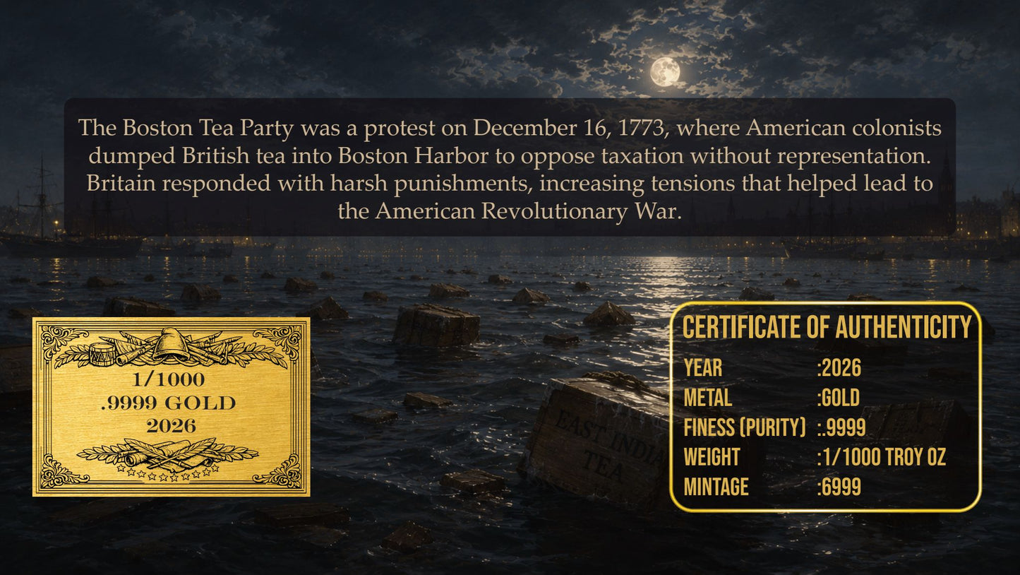 2026 Boston Tea Party 1/1000 oz Gold Medal in Card (06/16)