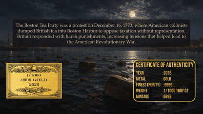 2026 Boston Tea Party 1/1000 oz Gold Medal in Card (06/16)