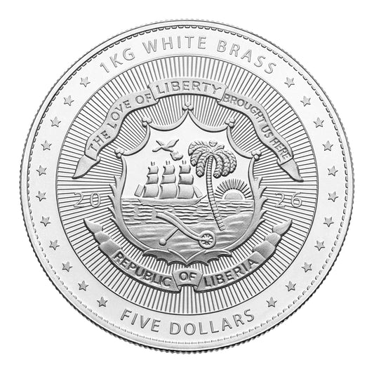 2026 Liberia Flowing Hair 1 Kilo White Brass Coin (08/04)