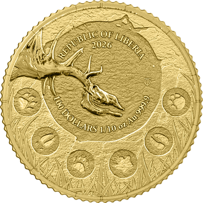 Estimate: 2026 Liberia Megafauna - Giant Deer BU 1/10 oz Gold Coin in Card
