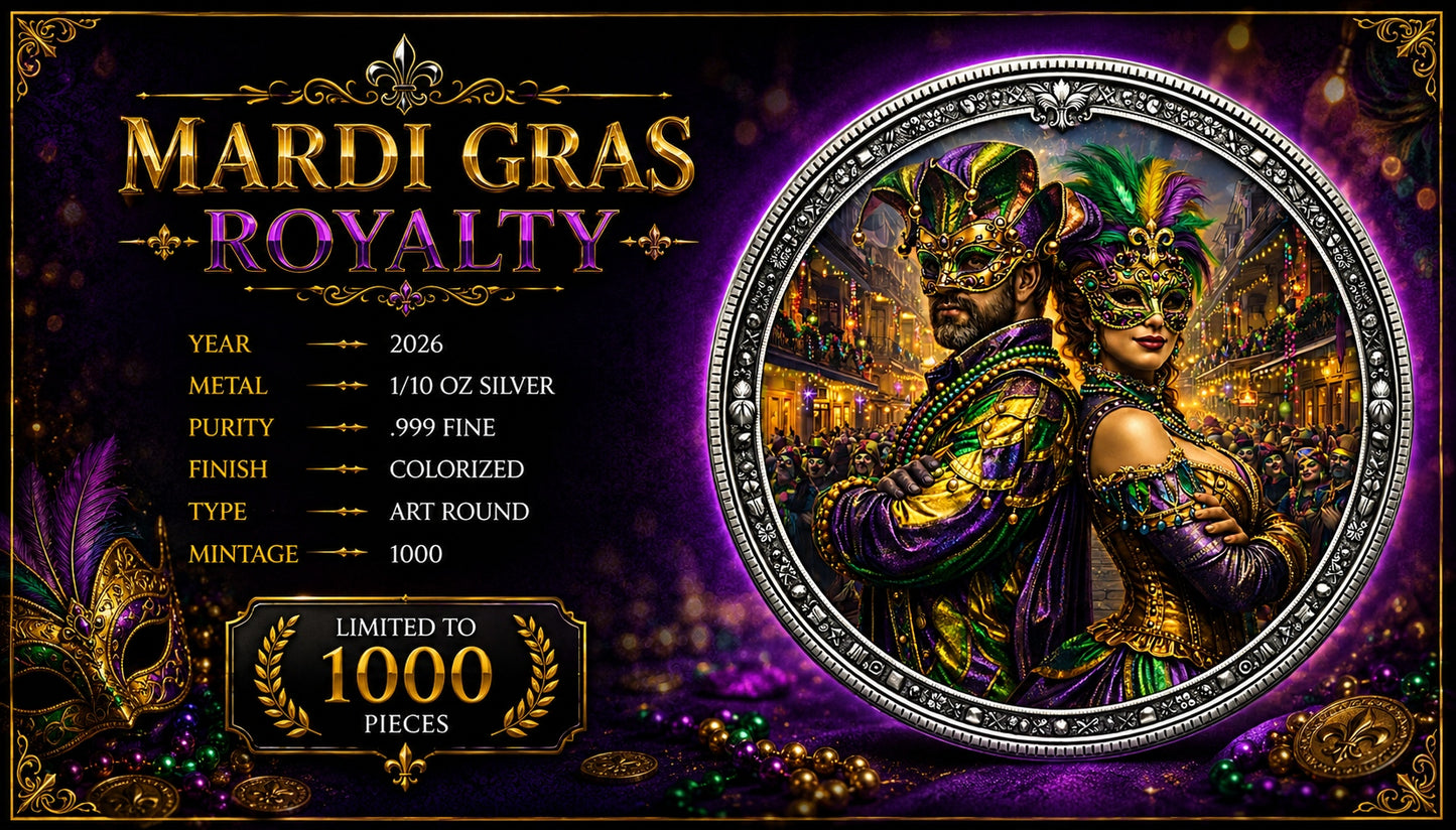 Mardi Gras Royalty Colorized 1/10 oz Silver Round (06/17)