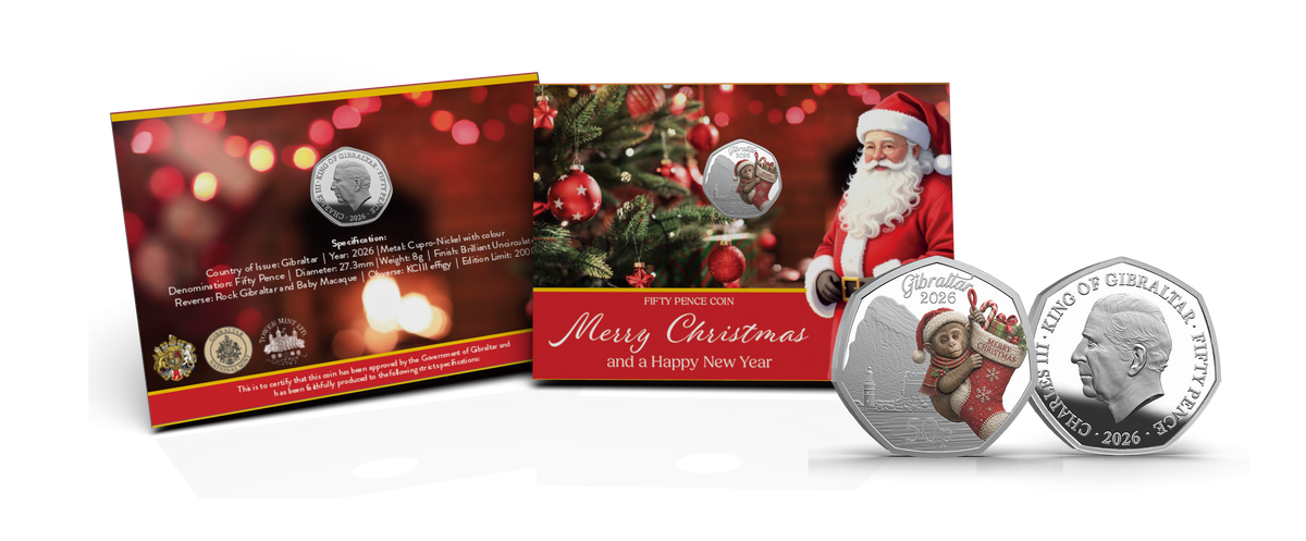 2026 Gibraltar Merry Christmas Colorized 50p 8g CN Coin in Card