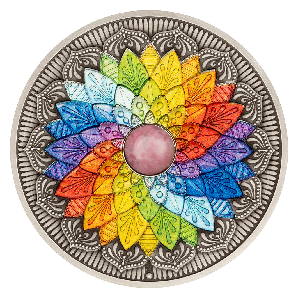 2026 Mandala Chakra Harmony with Rhodochrosite 3 oz Silver Medal (06/25)
