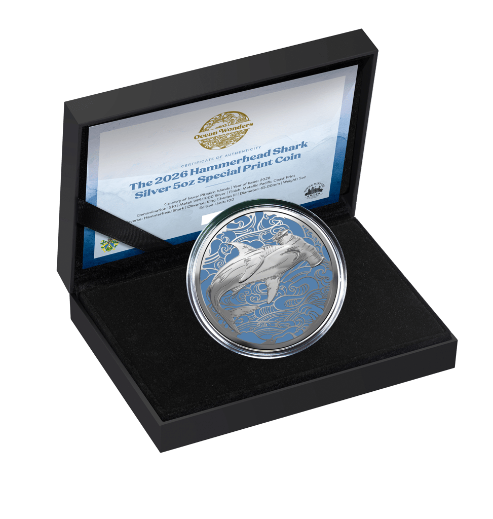 2026 Pitcairn Islands Ocean Wonders Hammerhead Shark Proof 5 oz Silver Coin
