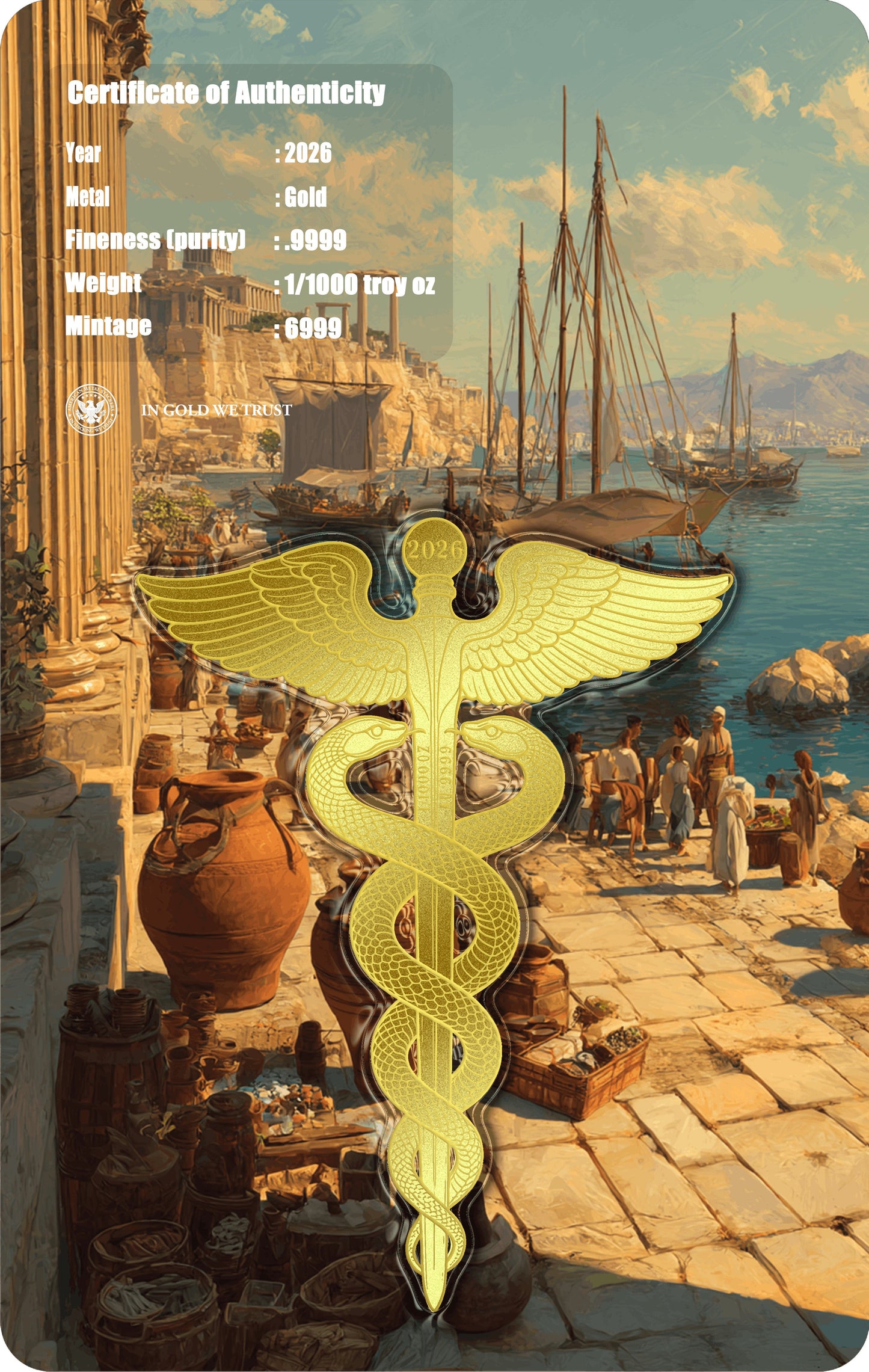 2026 Caduceus Shaped 1/1000 oz Gold Medal in Card (07/08)