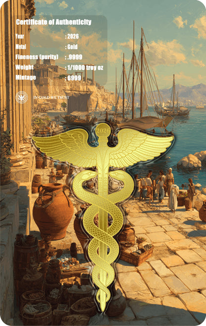2026 Caduceus Shaped 1/1000 oz Gold Medal in Card (07/08)