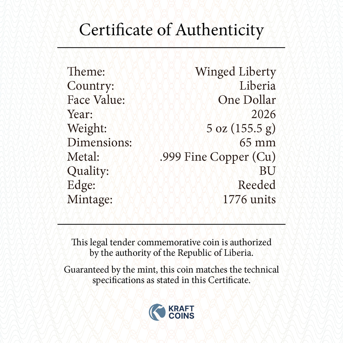 2026 Liberia Winged Liberty 5 oz Copper Coin - Capsule & COA