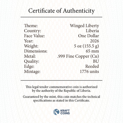 2026 Liberia Winged Liberty 5 oz Copper Coin - Display Box
