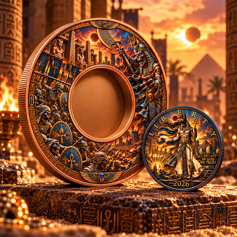 Anubis vs the Cursed Pharaoh 1 Kilo Copper Medal with 1 oz Silver Eagle Insert