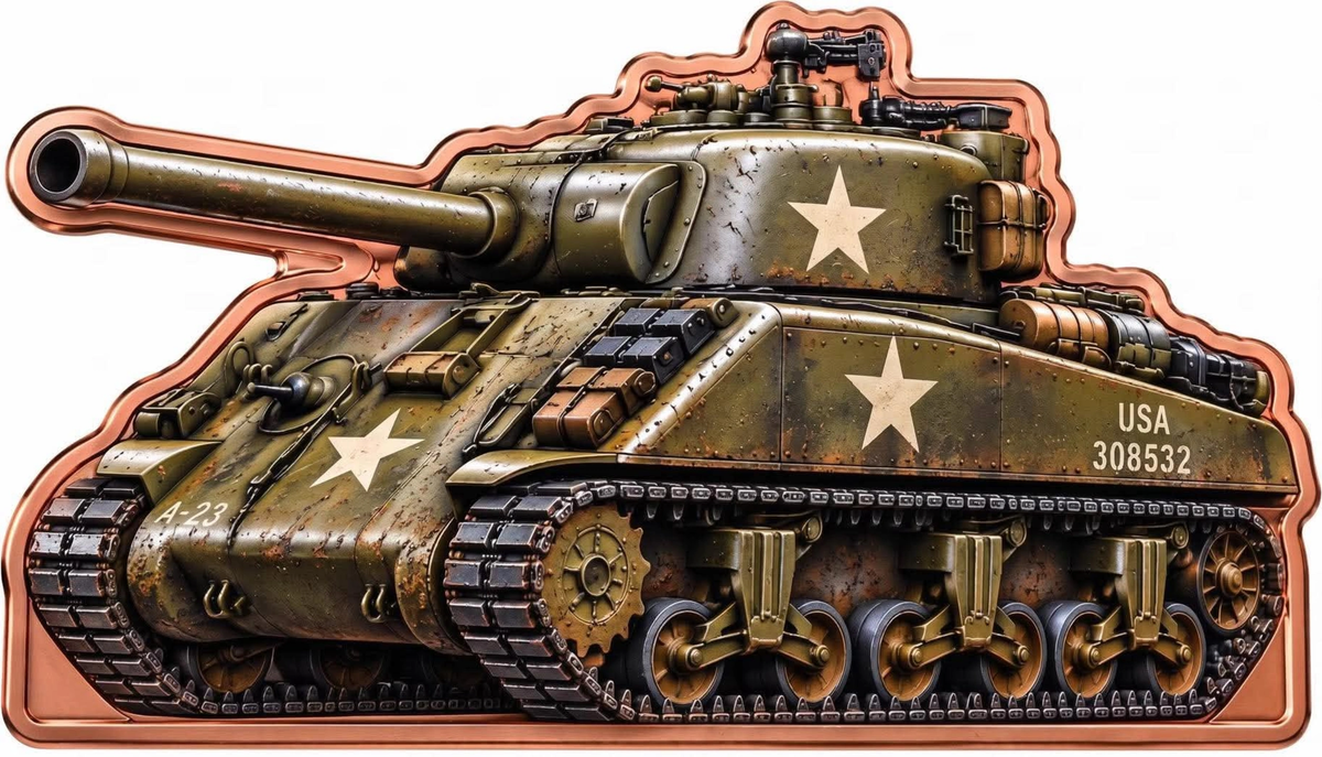 M4 Sherman Tank Shaped Colorized 2 oz Copper Medal