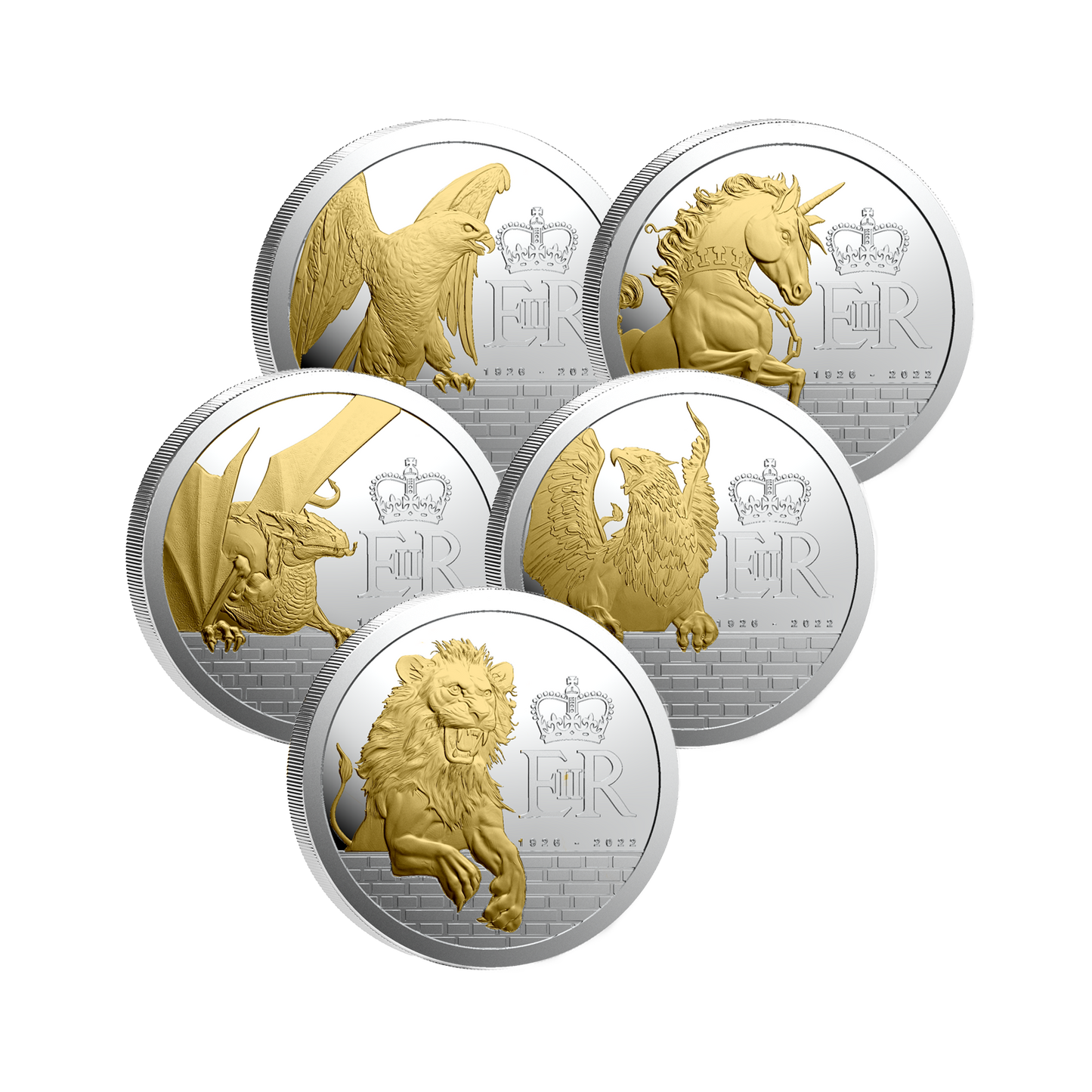 2026 Pitcairn Islands Queen's Beast Gold Gilt 5 x 1 oz Silver Coin Set (08/03)