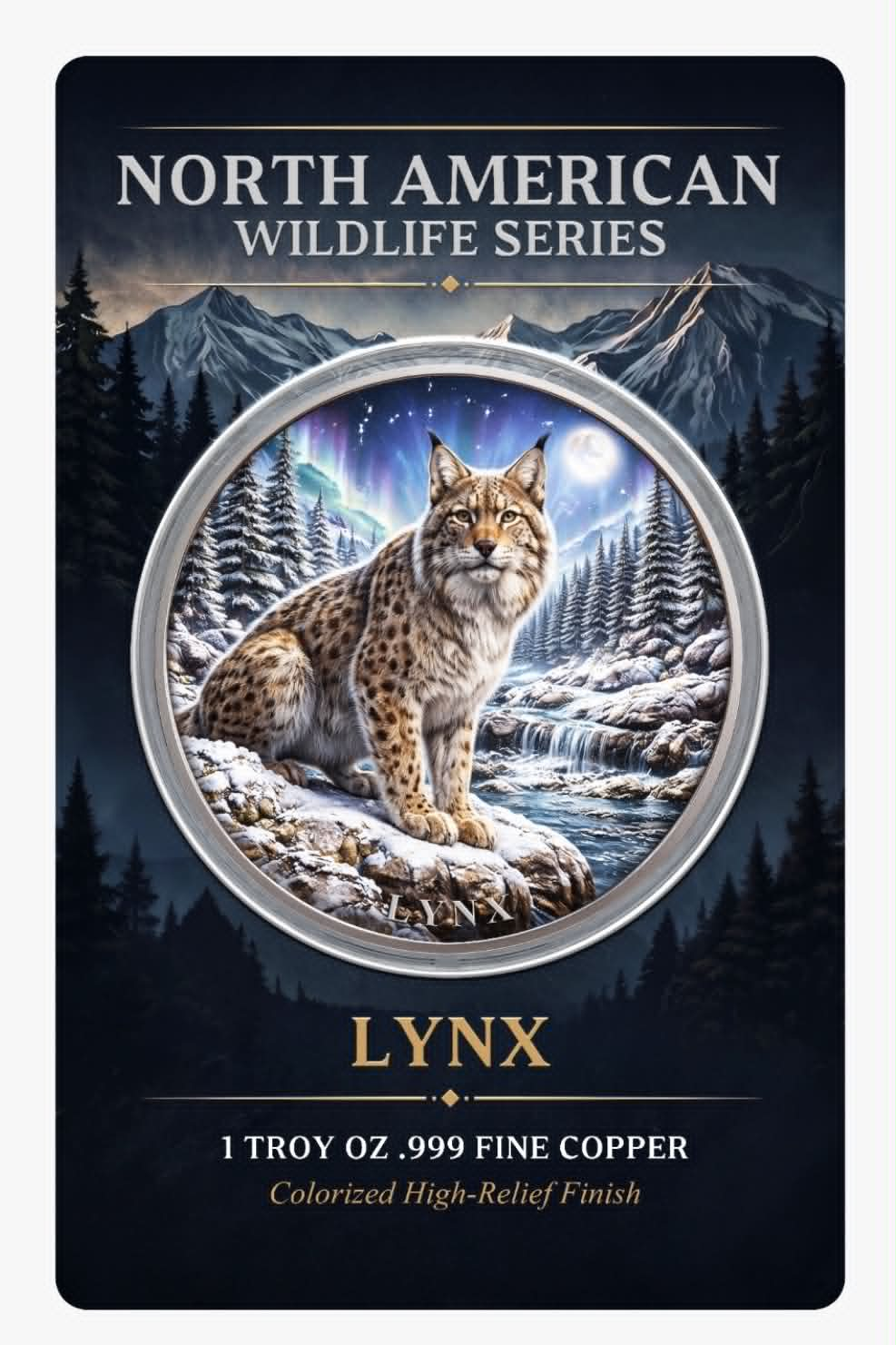 North American Wildlife - Lynx UHR Colorized 1 oz Copper Medal in Card (06/19)