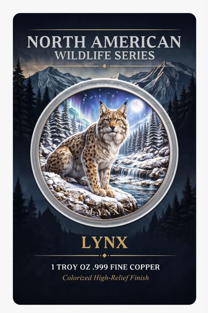 North American Wildlife - Lynx UHR Colorized 1 oz Copper Medal in Card (06/19)