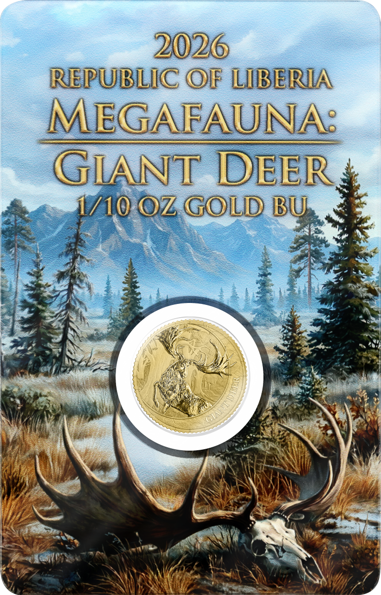 Estimate: 2026 Liberia Megafauna - Giant Deer BU 1/10 oz Gold Coin in Card
