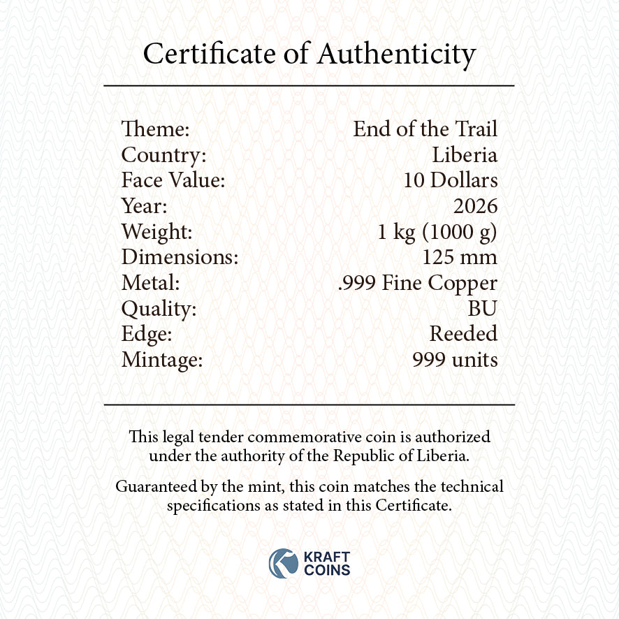 2026 Liberia End of Trail HR 1 Kilo Copper Coin - Capsule