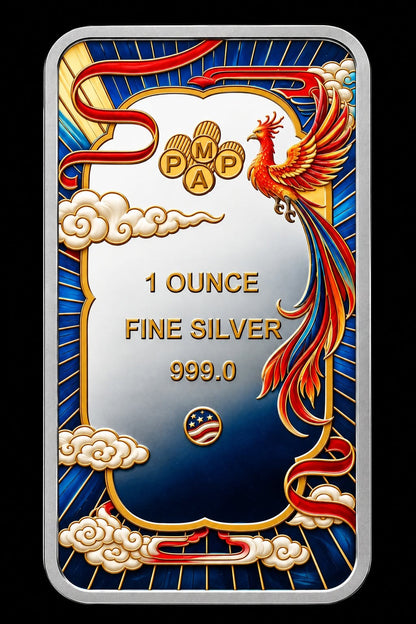 PAMP USA Good Luck Phoenix 1 oz Silver Bar in Colour (150 Mintage)