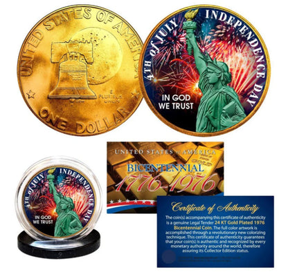 1976 U.S. Bicentennial Eisenhower Dollar 4th of July Colorized & Gold Plated Coin