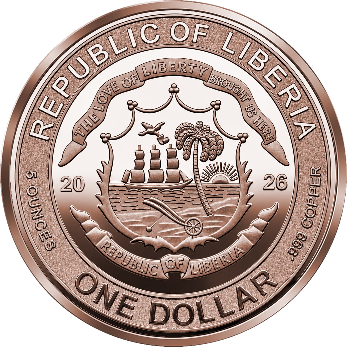 2026 Liberia Lady Justice Reverse Proof 5 oz Copper Coin (08/03)