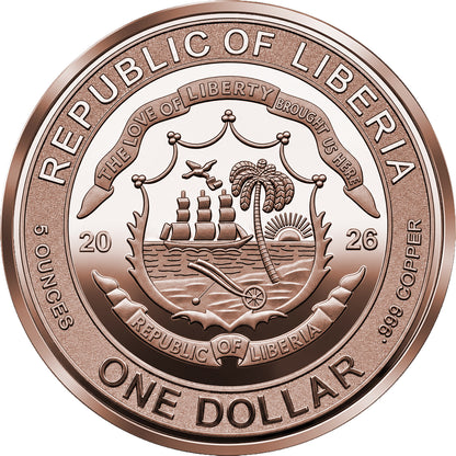 2026 Liberia Lady Justice Reverse Proof 5 oz Copper Coin (08/03)