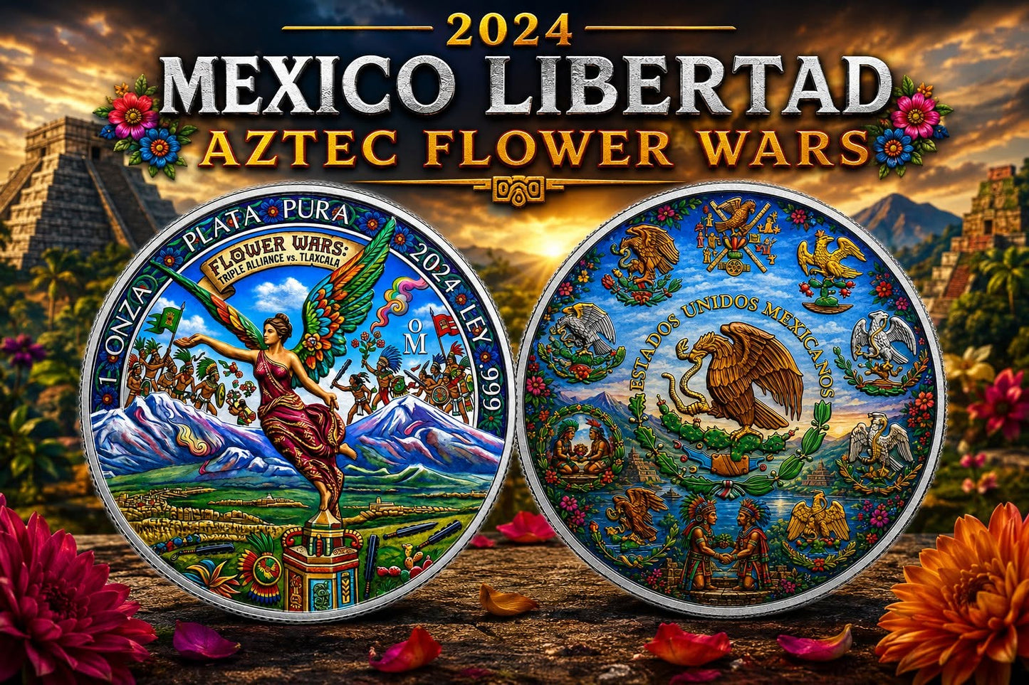 2024 Mexico Libertad Aztec Flower Wars Edition 1 oz Silver Coin (07/21)