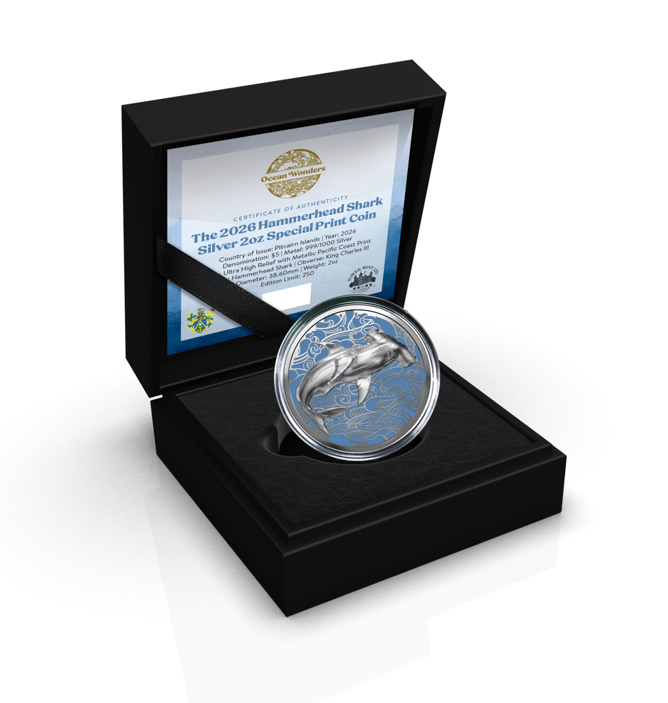 2026 Pitcairn Islands Ocean Wonders Hammerhead Shark UHR Proof 2 oz Silver Coin