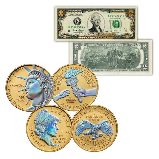 U.S. Genuine Legal Tender $2 Bill, Half Dollar, & Dime 250th Ann. Hologram Coin Set