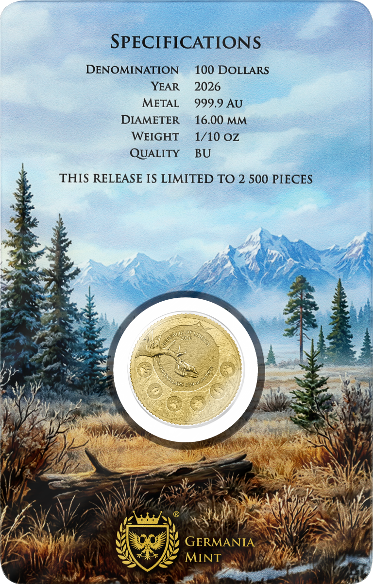 Estimate: 2026 Liberia Megafauna - Giant Deer BU 1/10 oz Gold Coin in Card