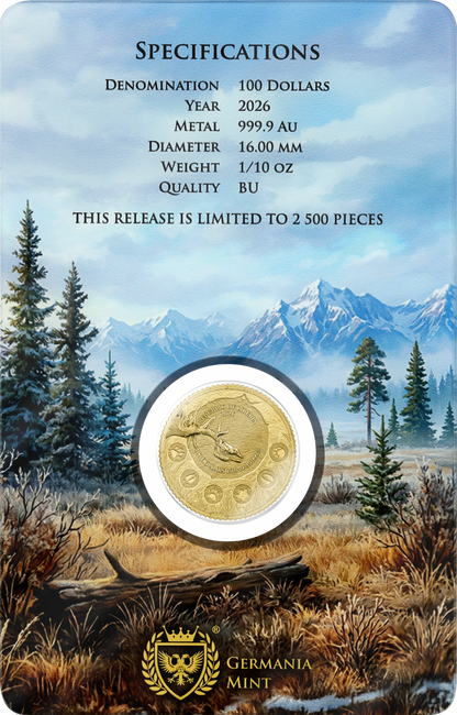 Estimate: 2026 Liberia Megafauna - Giant Deer BU 1/10 oz Gold Coin in Card