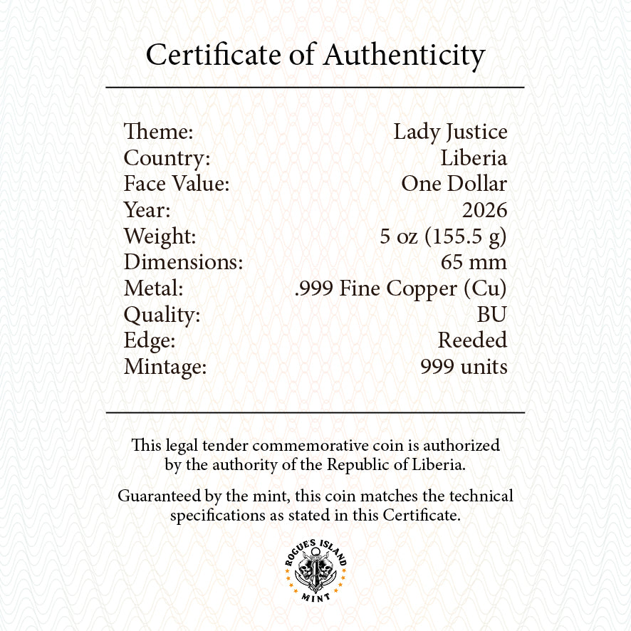 2026 Liberia Lady Justice Reverse Proof 5 oz Copper Coin (08/03)
