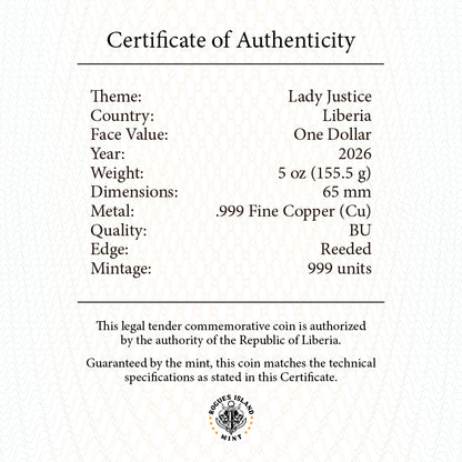 2026 Liberia Lady Justice Reverse Proof 5 oz Copper Coin (08/03)