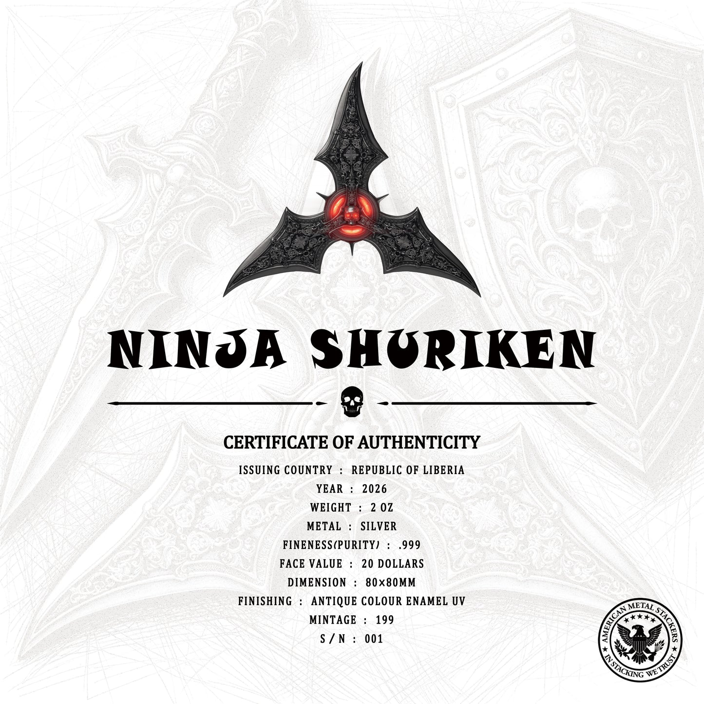 2026 Liberia Ninja Shuriken 2 oz Silver Coin (06/26)