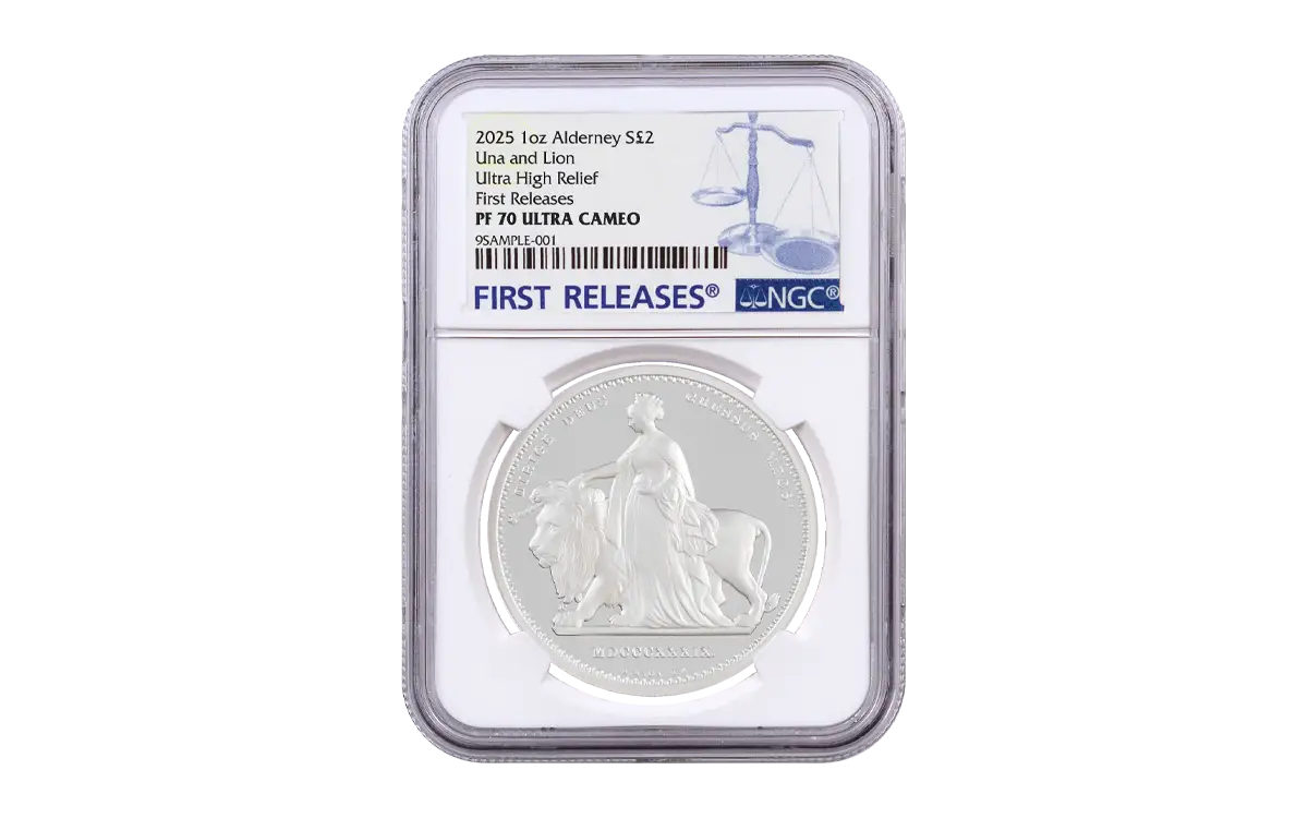 In Stock! 2025 Alderney Una & the Lion UHR Proof 1 oz Silver Coin NGC PF 70 UCAM FR