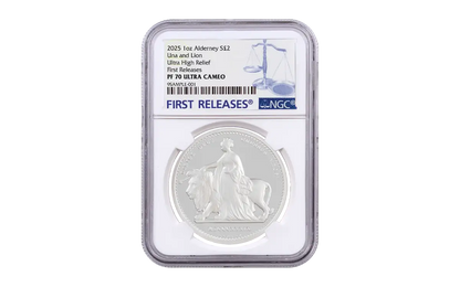 In Stock! 2025 Alderney Una & the Lion UHR Proof 1 oz Silver Coin NGC PF 70 UCAM FR