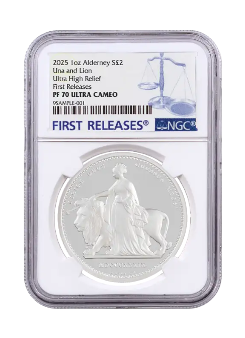 In Stock! 2025 Alderney Una & the Lion UHR Proof 1 oz Silver Coin NGC PF 70 UCAM FR
