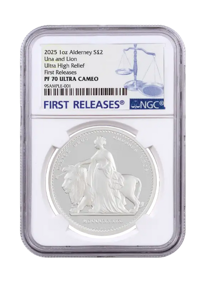 In Stock! 2025 Alderney Una & the Lion UHR Proof 1 oz Silver Coin NGC PF 70 UCAM FR
