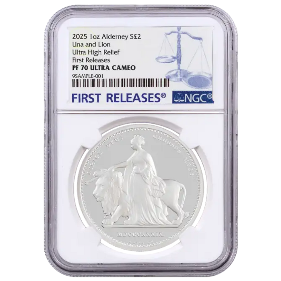 In Stock! 2025 Alderney Una & the Lion UHR Proof 1 oz Silver Coin NGC PF 70 UCAM FR