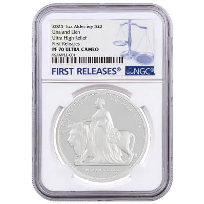 In Stock! 2025 Alderney Una & the Lion UHR Proof 1 oz Silver Coin NGC PF 70 UCAM FR