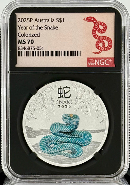 In Stock! 2025 Australia Lunar Snake Colorized 1 oz Silver Coin NGC MS 70