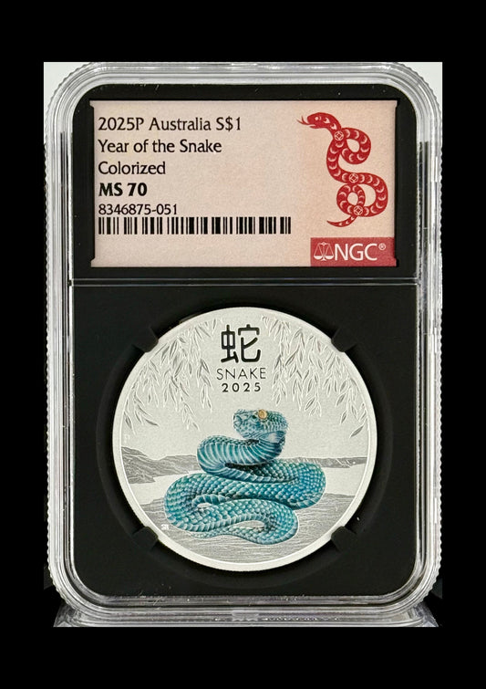 In Stock! 2025 Australia Lunar Snake Colorized 1 oz Silver Coin NGC MS 70