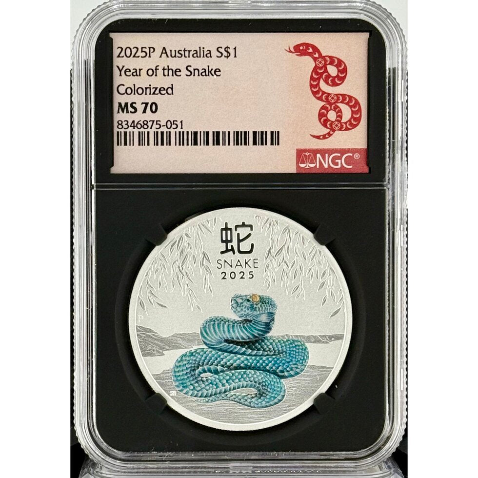 In Stock! 2025 Australia Lunar Snake Colorized 1 oz Silver Coin NGC MS 70
