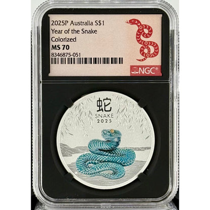 In Stock! 2025 Australia Lunar Snake Colorized 1 oz Silver Coin NGC MS 70