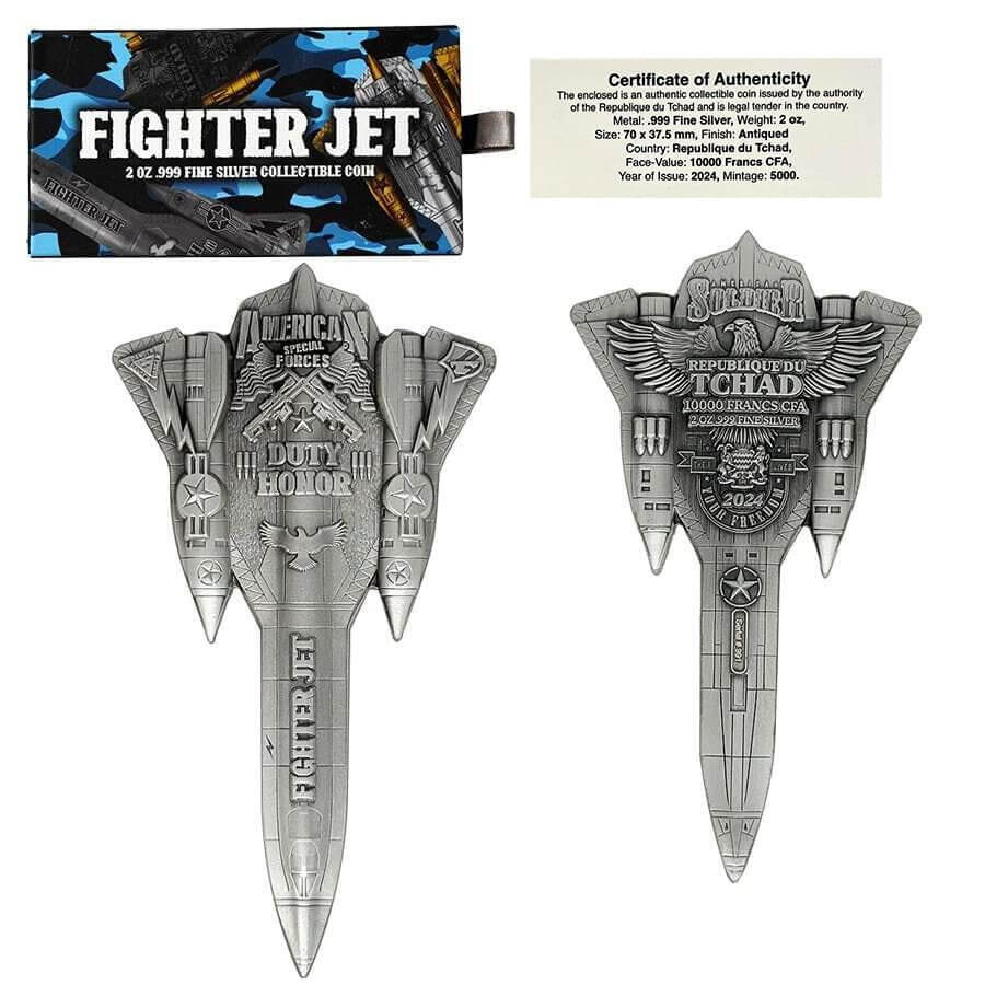 2024 Chad Fighter Jet Shaped Antiqued 2 oz Silver Coin