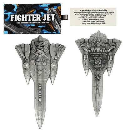 2024 Chad Fighter Jet Shaped Antiqued 2 oz Silver Coin