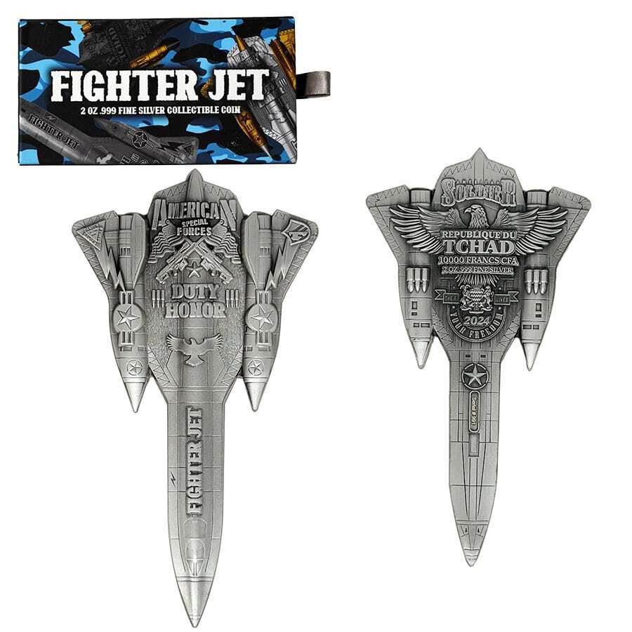 2024 Chad Fighter Jet Shaped Antiqued 2 oz Silver Coin