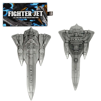2024 Chad Fighter Jet Shaped Antiqued 2 oz Silver Coin