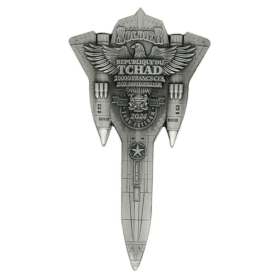 2024 Chad Fighter Jet Shaped Antiqued 2 oz Silver Coin